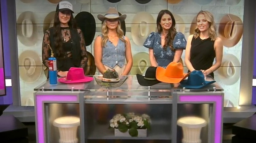 News Reporters at WKRN Interviewing Two Hat Tenders from Rancher Hat Bar with an Array of Colorful Cowboy Hats