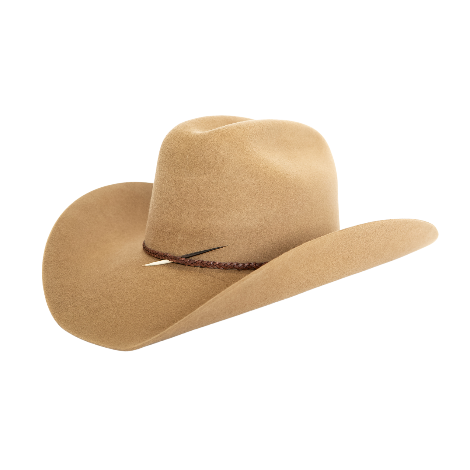 A light tan felt cowboy hat with a brown braided band, shown from a three-quarters angle on a solid white background.