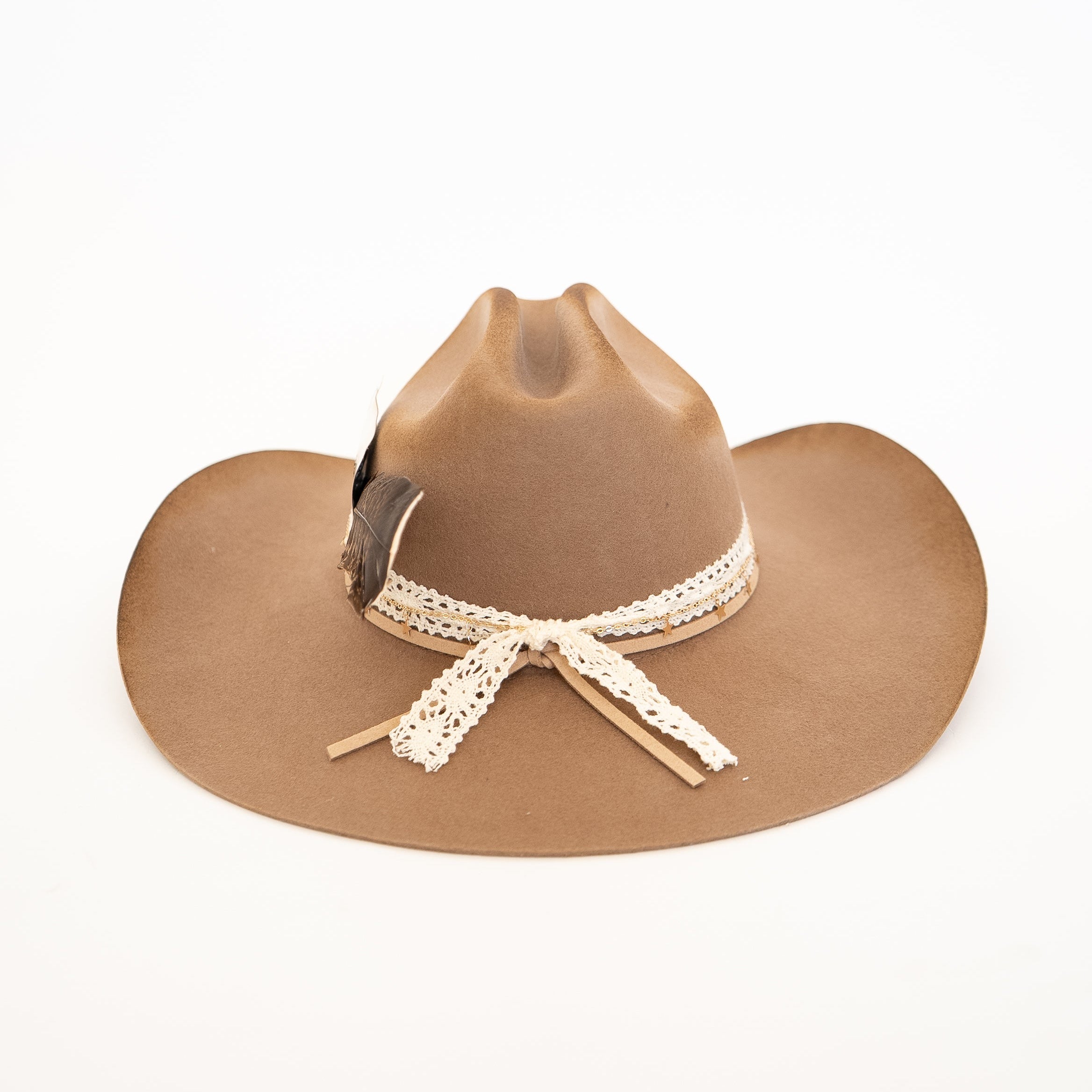 Brown cowboy hat with a decorative lace ribbon on a white background