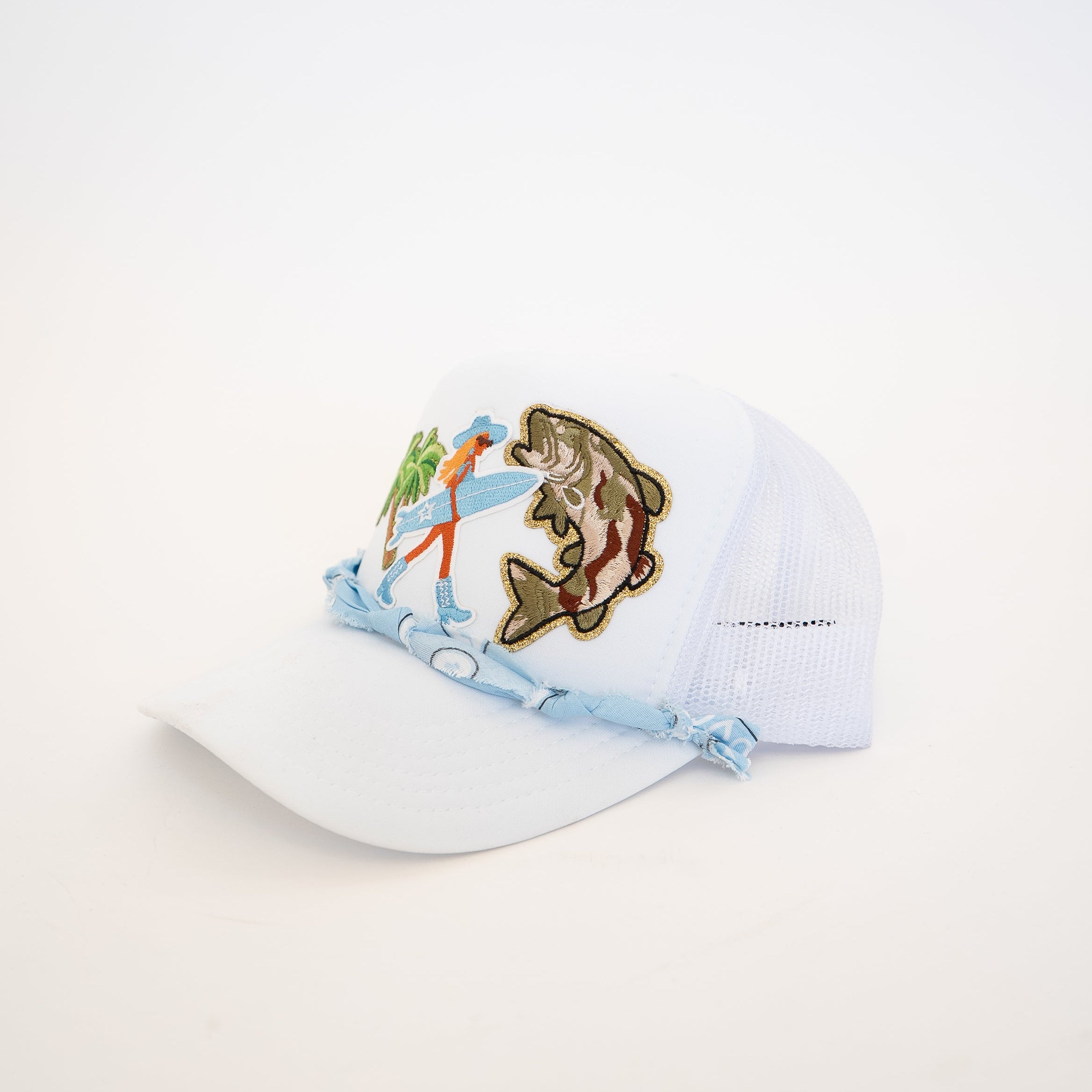 White cap with fish and outdoors design on a white background