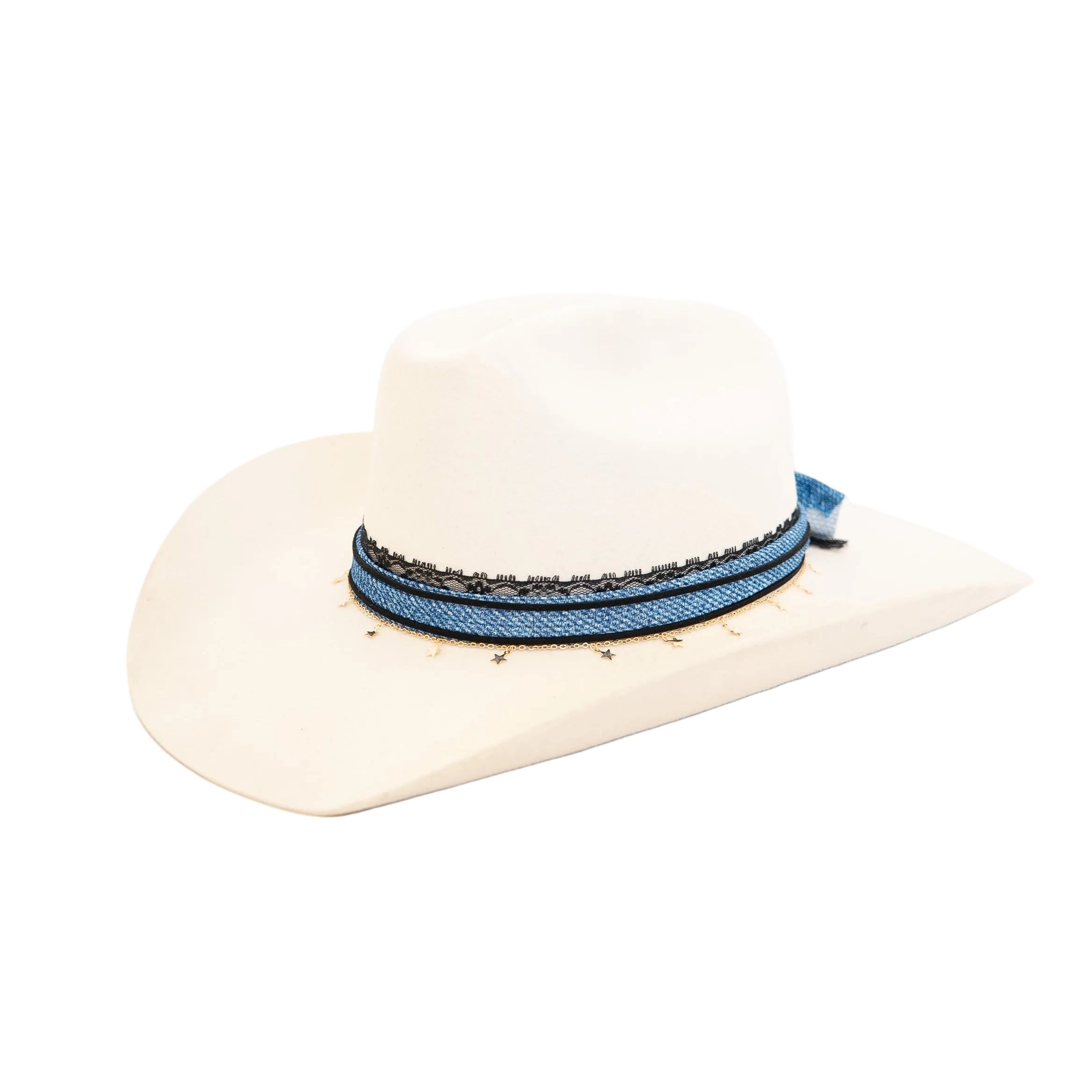 White cowboy hat with a blue band on a white background