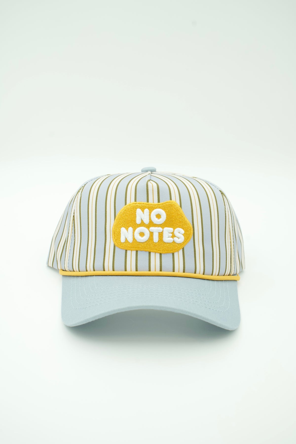 Front image of No Notes canvas embroidered trucker hat with pinstripes