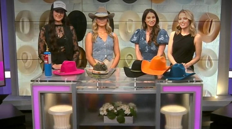 News Reporters at WKRN Interviewing Two Hat Tenders from Rancher Hat Bar with an Array of Colorful Cowboy Hats