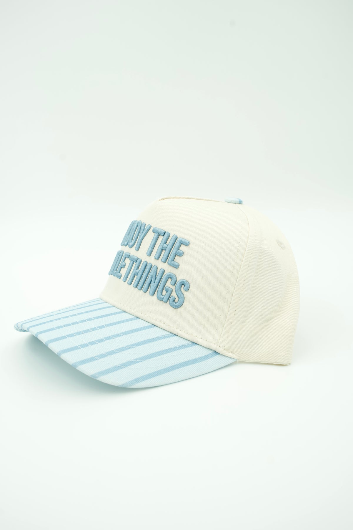 An off-white baseball cap with light blue embroidered text reading 'DON'T BE A SITUATION' on the front and a light blue and white striped brim, shown on a plain white background.