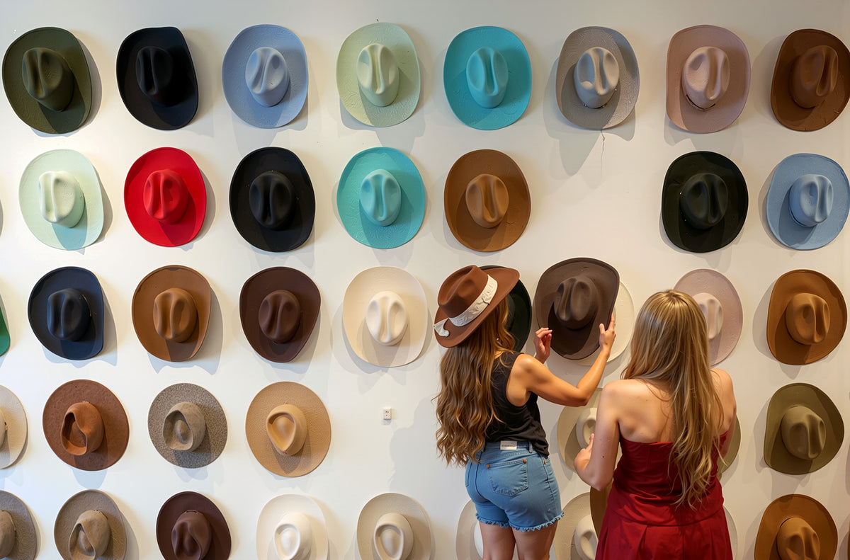 Two women looking at a large wall display of round felt hats in many colors and styles, with a white background.